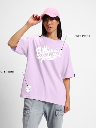 Bewakoof Womens Billionaire Girls Club Graphic Printed 100% Cotton T-Shirt - Oversized Fit, Round Neck, Half Sleeves_604125_Pur