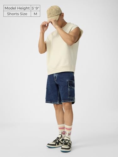 The Souled Store Denim: Ocean Blue Men and Boys Buttoned Solid Knee Length Cotton Blend Denim Shorts