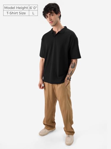 The Souled Store Solids: Regal Black Men And Boys Short Sleeves Collared Neck Cotton Blend Oversized Polos