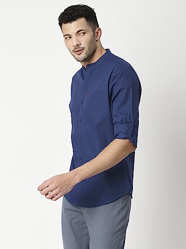 Thomas Scott Mens Solid Slim Fit 100% Cotton Casual Shirt with Mandarin Collar and Full Sleeve Dark Blue