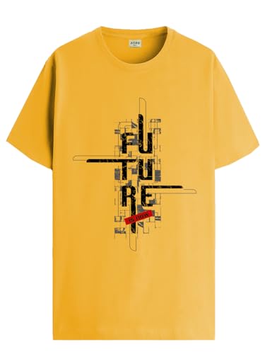 ADRO Men's Graphic Printed 100% Cotton T-Shirt - Regular Fit, Printed T-Shirts for Men (RN24-FTR-MU_Mustard_XL)