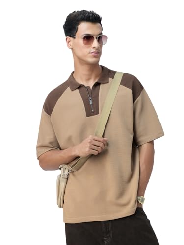 The Souled Store Ottoman Colourblock: Sepia Men and Boys Short Sleeves Collared Neck Brown Cotton Blend Oversized Zipper Polos