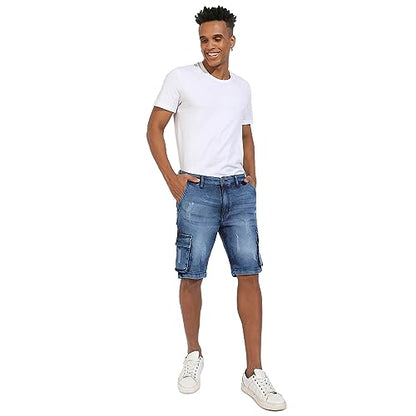 Campus Sutra MenS Blue Distressed Cargo Denim Shorts For Casual Wear | Medium-Wash Button Closure | Denim Denim Shorts Crafted