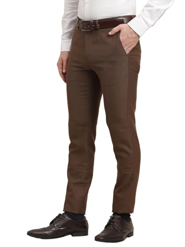 Turtle Men Poly Viscose Brown Dobby Printed Ultra Slim Fit Formal Trouser