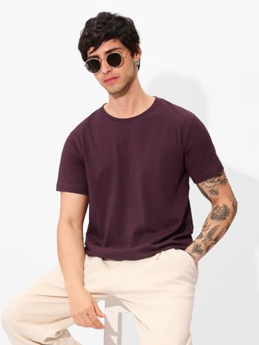 The Souled Store Official Solids: Dark Red Men And Boys Short Sleeve Round Neck Graphic Printed Regular Fit Cotton T-Shirts