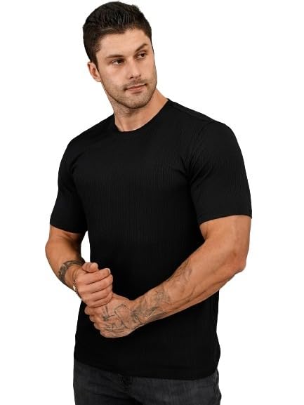 SMOWKLY Mens Solid Regular Fit T-Shirt (1277_Black