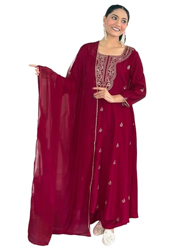 Anni Designer WomenS Viscose Silk Embroidery Straight Kurta Pant With Dupatta (Qatar Maroon_M_Maroon_Medium)