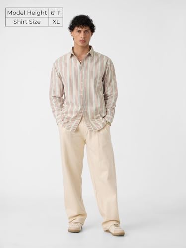 The Souled Store Seaside Stripes Men and Boys Long Sleeves Collared Neck Button Front Beige Regular Fit Cotton Linen Shirts