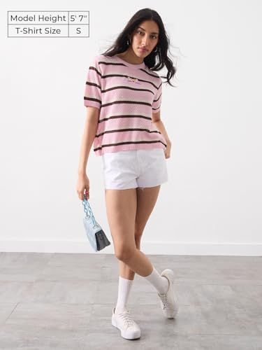 The Souled Store Open Knit T-Shirt: Pink Panther Women and Girls Short Sleeves Round Neck Striped Embroidered Cotton Relaxed Fit
