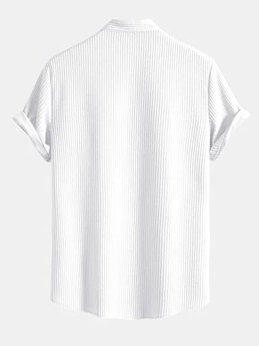 Greciilooks MenS Summer Casual Two Piece Outfit, Textured Button Down Shirt And Shorts Set White