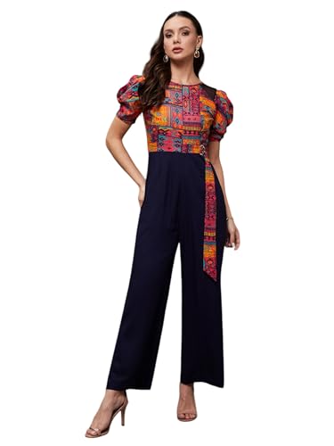 Miss Chase WomenS Round Neck Cowl Sleeve Bohemian Wide-Leg Jumpsuit (Mcss23D15-71-178-05, Multicolored-Base-Navy Blue, L)
