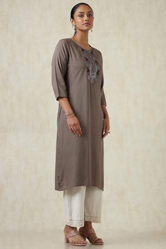 Soch Womens Grey Rayon Solid Kurta with Thread Work