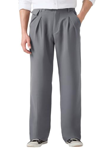 Bewakoof Mens Solid Loose Fit Polyester Blend Korean Pants_671340_Grey_L