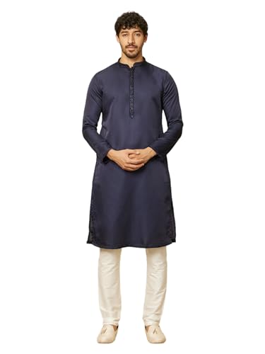 Manyavar Mens Blue Satin Solid Kurta Pyjama Set