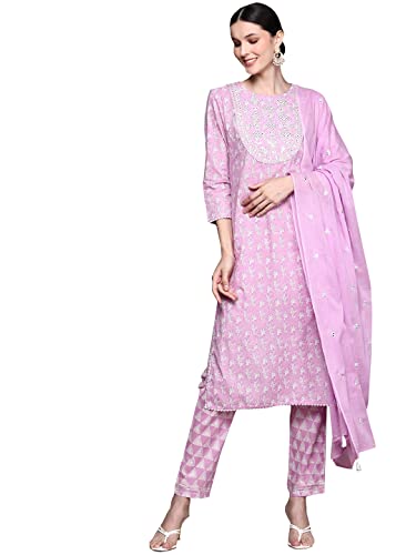 ishin Cotton Women's Embroidered A-Line Kurta Set With Trouser And Dupatta..