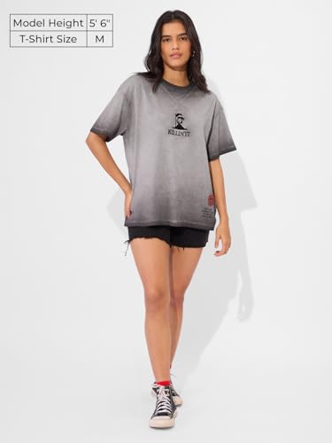 The Souled Store Killing It Women and Girls Short Sleeve Round Neck Black Graphic Printed Cotton Oversized T-Shirts