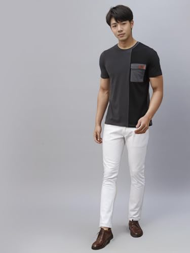 Rigo Printed Men T-Shirt | Dark Grey Black Cut & Sew T-Shirt | Round Neck Cotton Half Sleeve T-Shirt | Printed Cotton Blend Grey