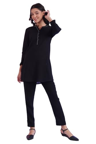 Aurelia Women's Black Solid Pure Cotton Straight Kurti (Size: XL)-A30528-608381