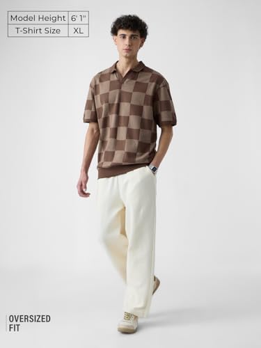 The Souled Store Jacquard: Old School Brown Men and Boys Short Sleeves Collared Neck Cotton Oversized Polos