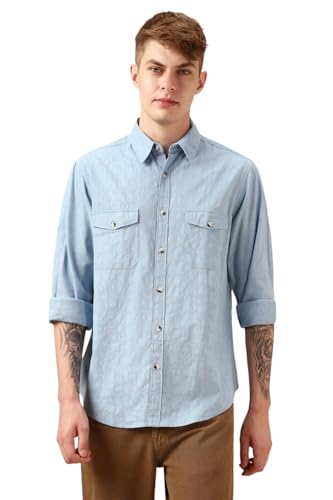 Dennis Lingo Men Blue 100% Cotton Full Sleeve Spread Collar Self Design Shirts