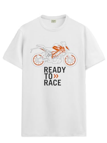 ADRO Men's Biker Design Printed 100% Cotton T-Shirt - Regular Fit, Printed T-Shirts for Men (RN24-KTM-WH_White_XL)