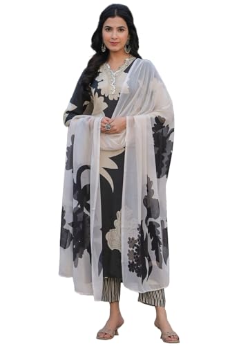 ANNI DESIGNER Womens Cotton Blend Straight Printed Kurta with Pant & Dupatta (5jee Black_L_Blue_Large)