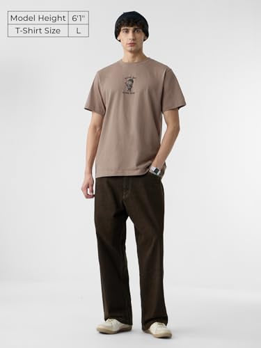 The Souled Store Relaxed T-Shirt: Acting Bad Men and Boys Short Sleeves Round Neck Brown Graphic Printed Cotton Relaxed Fit T-Sh