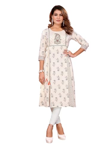 rangita Off White Rayon Flared Embellished Calf Length Kurti | Kurta for Women