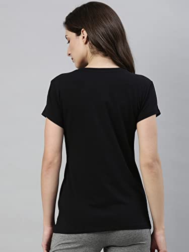 Enamor Essentials Womens Short Sleeve Crew Neck Slim Fit Breathable Stretch Cotton Tee With Graphic - E147(E147-Jet Black /Limi