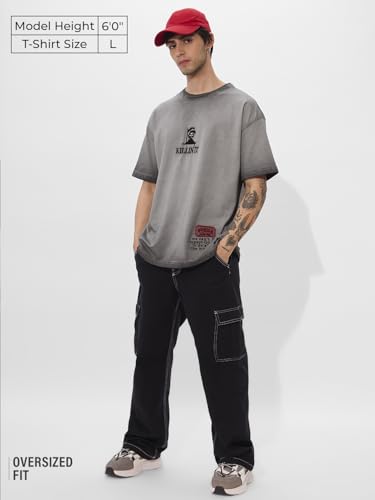 The Souled Store Killin It Men And Boys Short Sleeves Round Neck Grey Embroidered Cotton Oversized T-Shirts