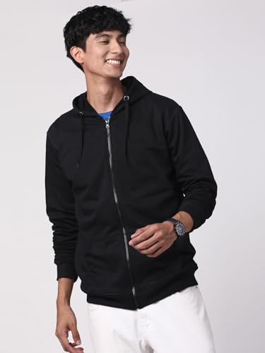 ADRO Mens Cotton Solid Zipper Hoodie Sweatshirts (ZH23-PLN-BL_Black)