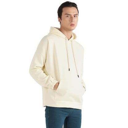 Campus Sutra Mens Light Yellow Oversized Pullover Sweatshirt with Kangaroo Pocket for Casual Wear | Long Sleeve | Pull On Closu