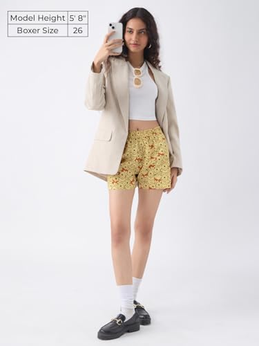 The Souled Store Winnie The Pooh: Bear-y Good Women and Girls Yellow All Over Printed Regular Fit Above The Knee Length Cotton B