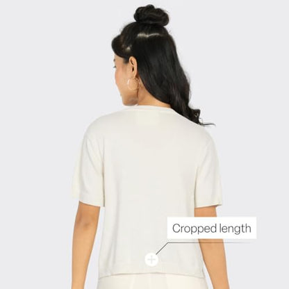 BlissClub Women at-Ease CottonKnit Crop Top | 100% Cotton | Cropped Length | Relaxed Fit | Loose Half Sleeves | Tops for Women