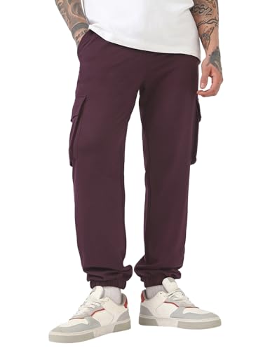 Bewakoof Mens Solid Oversized Fit Cotton Blend Cargo Joggers_664151_Maroon_XL
