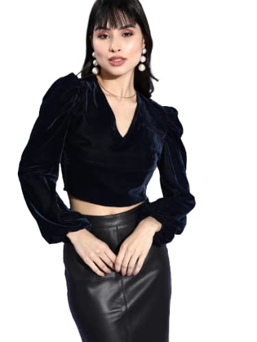 Style Quotient Women Navy Solid Velvet Smart Casual Crop Top