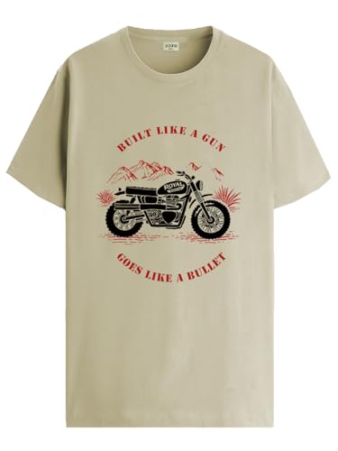ADRO Men's Royal Bike Design Printed 100% Cotton T-Shirt - Regular Fit, Printed T-Shirts for Men (RN24-RYL-BE_Beige_XL)