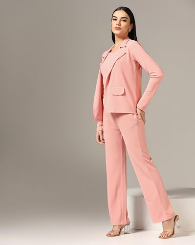 Greciilooks Women Lycra Blend Blazer 3 Piece Co Ord Set Pink