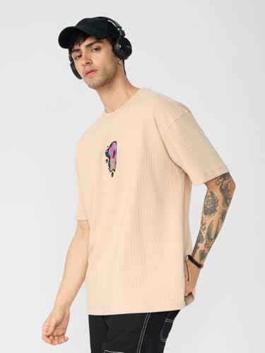 The Souled Store Bliss Men and Boys Short Sleeves Round Neck Beige Embellished Cotton Oversized T-Shirts