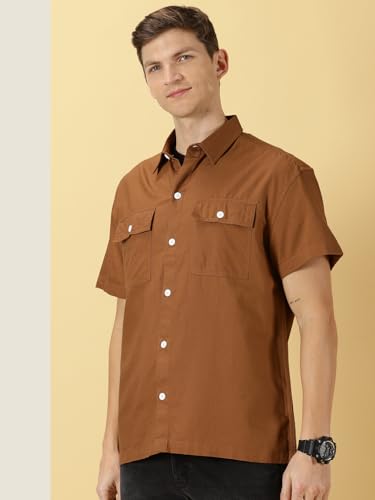 Thomas Scott Solid Double Pocket Boxy Fit Casual Shirts for Mens Brown