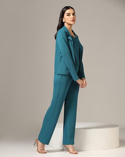 Greciilooks Women Lycra Blend Blazer 3 Piece Co Ord Set Turquoise