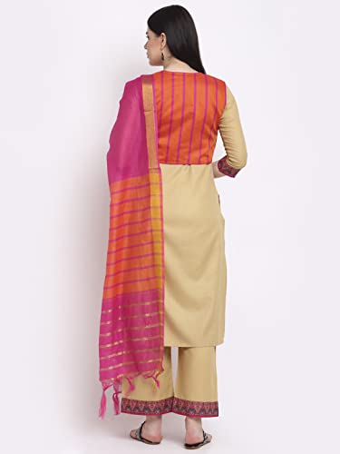 ANNI DESIGNER Women's Cotton Straight Kurta with Palazzo & Dupatta (KPZD-COT-10013-BEIGE)