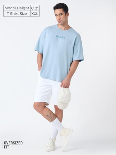 The Souled Store Blue Slate Men and Boys Short Sleeves Round Neck Blue Solid Cotton Oversized T-Shirts