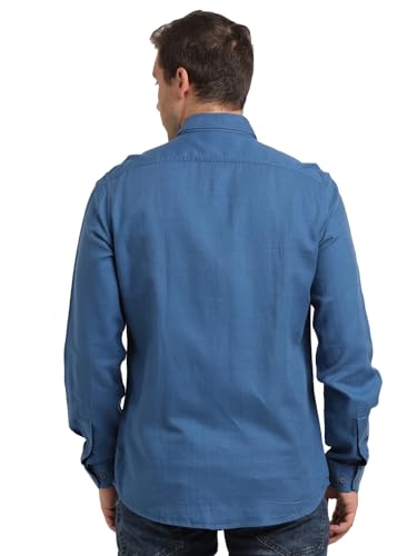 Turtle Men Cotton Lyocell Slim Fit Blue Solid Casual Shirt