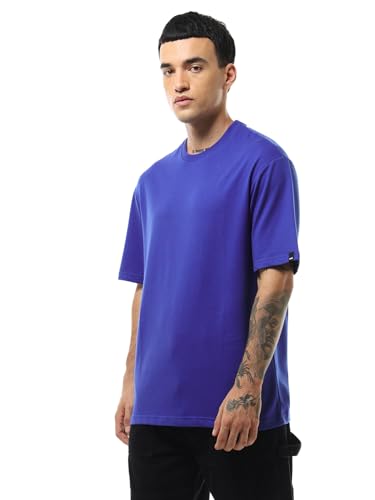 Bewakoof Mens Solid Oversized Fit Half Sleeve Round Neck Terry T-Shirt_616072_Blue_XL