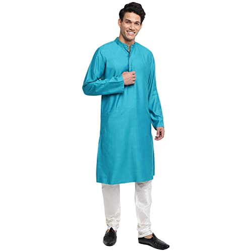 Fabindia Men Silk Chinese Collar Long Kurta Viscose_L Blue