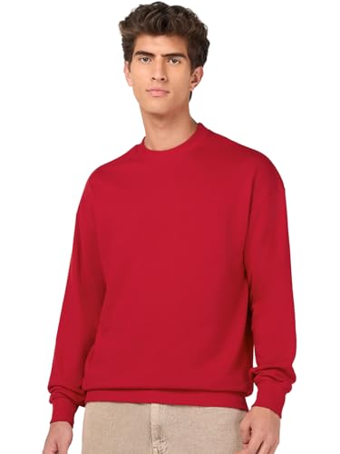 Bewakoof MenS Solid Oversized Fit Full Sleeve Round Neck Cotton Blend Sweatshirt_682769_Red_S