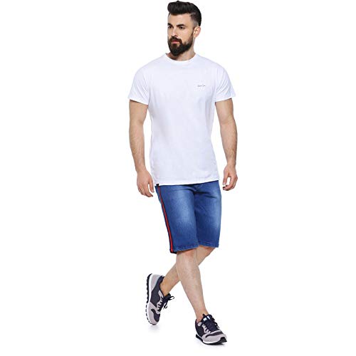 Campus Sutra Mens Blue Denim Shorts Solid Regular Fit for Casual Wear, Cotton Blend Fabric, Stretchable, Buttoned, Mid-Rise Sho
