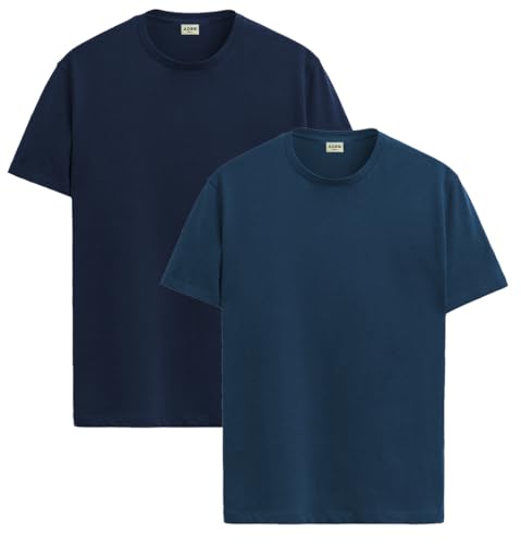 ADRO Men's Solid Regular Fit T-Shirt (RCM2-PLN-NB-SB_Navy,Teal