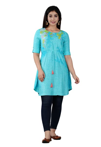 Digital Shopee Women'S Rayon Printed Regular Dress Shirt (Ds-113-Short Kurti-M_Turquoise